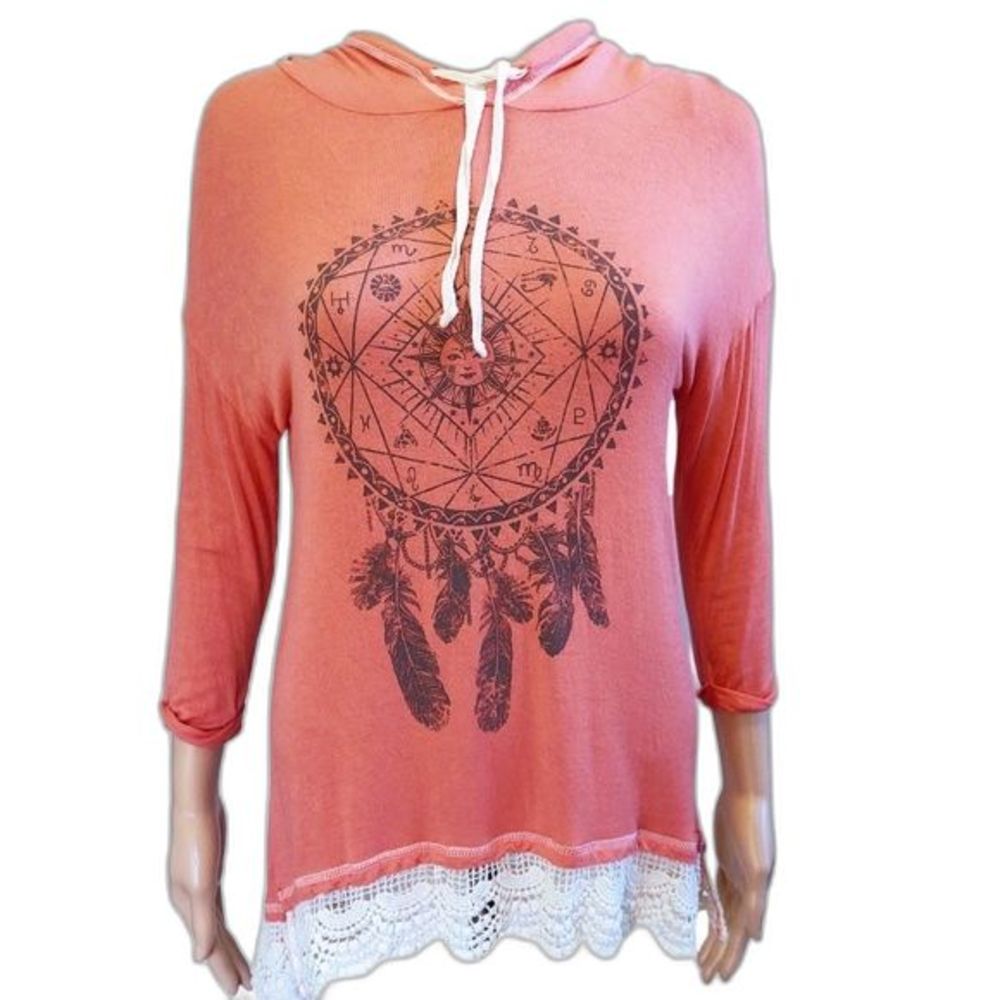 EUC SPOILED Long Sleeve Hooded Top Dreamcatcher Pattern Orange/Coral Small